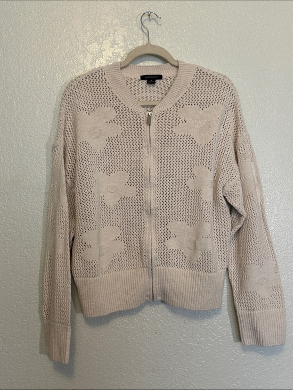Sanctuary Beige Open-Knit Floral Zip Cardigan
